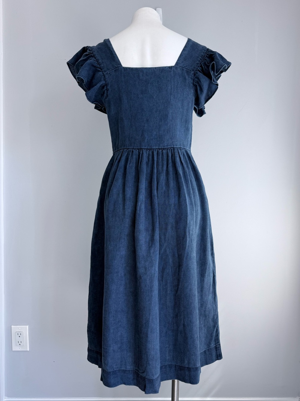 SEA New York Linen Midi Dress Blue Chambray Ruffle Button Front Cottagecore Boho - Picture 3 of 15